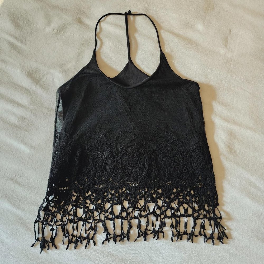 Boutique fringe black halter tank top